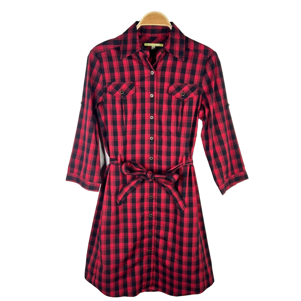 Gianni Bini Size 6‎ Red Black Picnic Checked Button Collared Shirt Dress